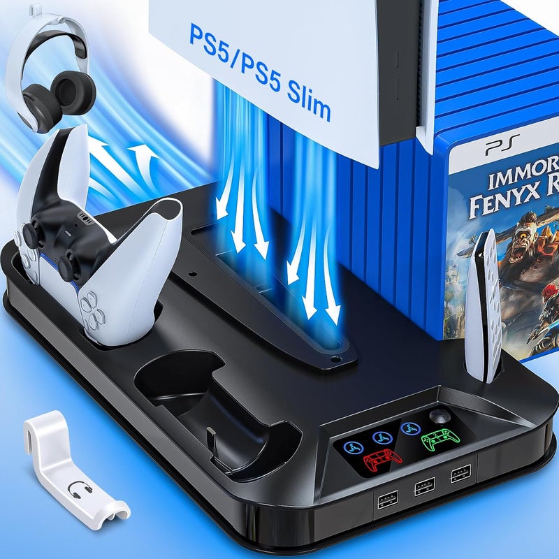 RJAD PS5 / PS5 Slim Cooling Station with Controller Charging Station for PlayStation 5 Console Disc/Digital, Cooling Stand for PlayStation 5 Slim with Cooler Fan Accessories with 3 USB Hubs/Headset Holder - Image 1